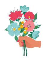 Hand holding bouquet of different blossom flowers. Vector Illustration in flat style