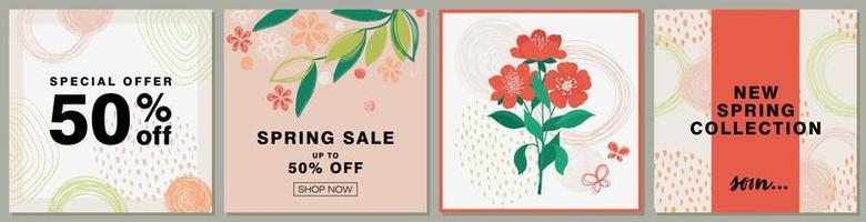 Trendy abstract hand drawn social media post. Spring sale banner. Vector illustration