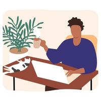 the man holding a cup of coffee.he work at home. vector