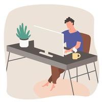 the man sitting and typing on computer.he work at home. vector