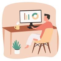 the man sitting and looking to computer and work at home vector