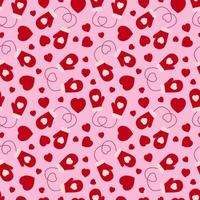Seamless pattern of mittens and hearts on a pink background. vector