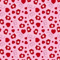 Seamless pattern of mittens and hearts on a pink background. vector