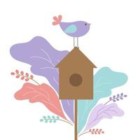 un pájaro púrpura se encuentra en una pajarera rodeada de flores de primavera. llegó la primavera. casa de pájaros elementos para postal o diseño. ilustración plana vector