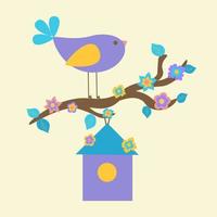 un lindo pájaro púrpura se sienta en una rama de árbol cubierta de flores sobre una casa de pájaros. llegó la primavera. diseño para una postal o invitación. ilustración vectorial plana. vector