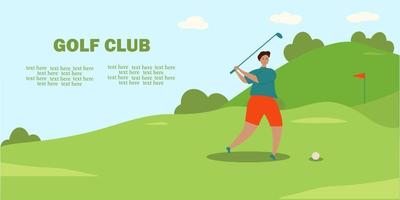 People play golf on the golf course. Banner with a place for the text. Fun outdoor sports. Golf Club. Vector flat illustration.