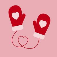 Red mittens with a pattern in the form of a heart. vector