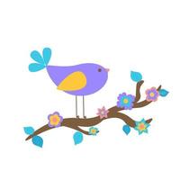 un lindo pájaro morado se sienta en una rama de árbol cubierta de flores. llegó la primavera. diseño para una postal o invitación. ilustración vectorial plana. vector