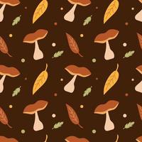 Seamless pattern with mushrooms and leaves on a brown background. Autumn. Cloth, wallpaper, or wrapping paper. Illustration. vector