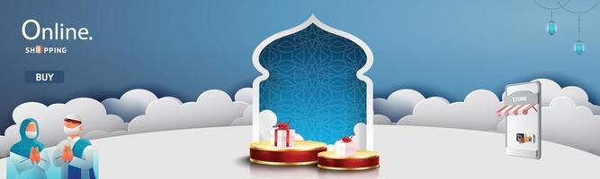 unique ramadan sale background with stage gift box grand prize vector