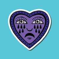 hand drawn heart face cry vintage doodle illustration for stickers poster etc vector