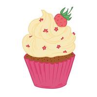 cupcake delicioso festivo con crema y decoraciones de cumpleaños. vector