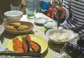 Traditional culture breakfast when homestay at japan. photo