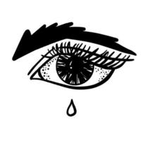 Female eye with eyelashes and eyebrows, black and white vector sketch.