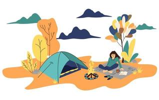 Autumn camping. The girl alone enjoys outdoor recreation near the campfire with a cup of hot tea and a book. vector
