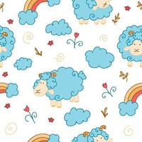 Seamless pattern for children textiles or packaging with colorful doodle style vector illustrations of sheep, clouds, rainbows and flowers.