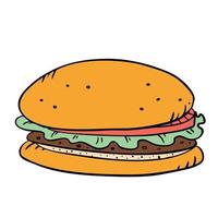 Fast food burger with cutlet, pmidor and salad. Vector illustration in doodle style.