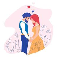 Couple in love. A man and a woman gently hold each other's hands. Characters for Valentine's Day. Vector illustration in flat style.