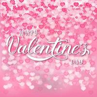 Happy Valentines Day calligraphy hand lettering on soft pink background with 3d hearts confetti. Easy to edit vector template