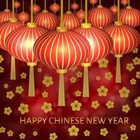 Chinese new year vector illustration with lanterns and cherry blossom on bright red bokeh background. Easy to edit  template. Can be used as greeting cards, banners, invitations etc.