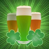 St. Patrick's Day greeting card on a bright green background with clover and beer glasses. Easy to edit vector design template.