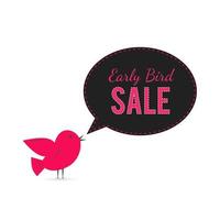 Early Bird sale banner. Cute cartoon bird with speech bubble. Special offer announcement advertising poster. Social media marketing. Vector illustration.