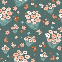 Seamless pattern with flowers, leaves and butterflies. Summer abstract bright print. Vector graphics.