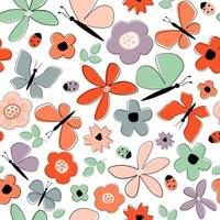 Seamless pattern with flowers, leaves and butterflies. Summer abstract bright print. Vector graphics.