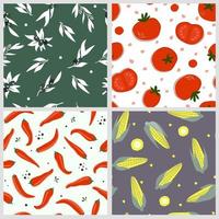 A set of seamless patterns with vegetables. Corn, tomato, olives, pepper plant print. Vector graphics.