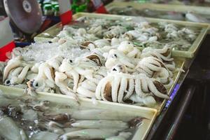Puesto de calamares frescos en el mercado local del sudeste asiático. foto