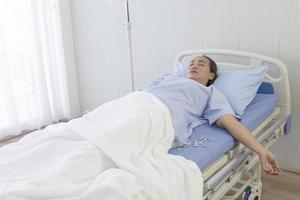 Female patients in the hospital taking an overdose and lose consciousness on the bed. photo