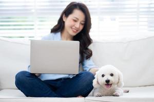 Young Asian businesswoman working at home with her dog