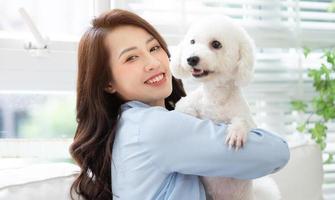 joven asiática jugando con perro en casa foto