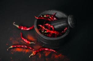 Dry red spicy peppers and powder in stone mortar photo