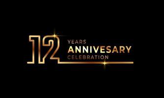 12 Year Anniversary Celebration Logotype with Golden Colored Font Numbers Made of One Connected Line for Celebration Event, Wedding, Greeting card, and Invitation Isolated on Dark Background vector