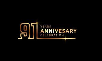 91 Year Anniversary Celebration Logotype with Golden Colored Font Numbers Made of One Connected Line for Celebration Event, Wedding, Greeting card, and Invitation Isolated on Dark Background vector