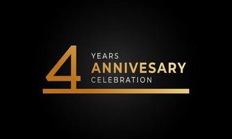 Logotipo de celebración de aniversario de 4 años con color dorado y plateado de una sola línea para evento de celebración, boda, tarjeta de felicitación e invitación aislado en fondo negro vector