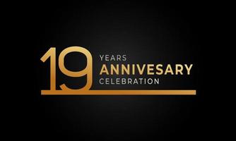 Logotipo de celebración de aniversario de 19 años con una sola línea de color dorado y plateado para evento de celebración, boda, tarjeta de felicitación e invitación aislada en fondo negro vector