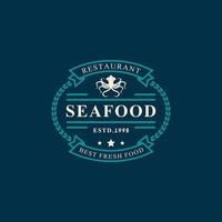 Vintage Retro Badge Seafood Fish Market and Restaurant Emblem Template Silhouettes Typography Logo Design vector