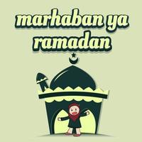 Muslimah cartoon with ramadan welcome gesture with flat design. vector