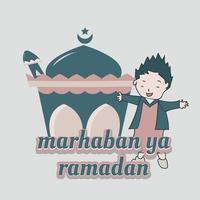 Muslim cartoon with ramadan welcome gesture with flat design. vector