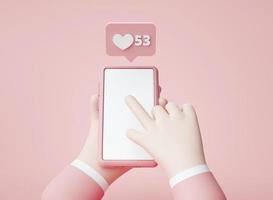 manos sosteniendo un teléfono inteligente en blanco chat amor burbujas notificación de alerta aplicación de dibujos animados sitio web ui sobre fondo rosa ilustración de representación 3d foto