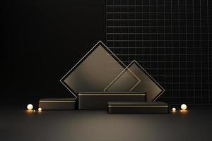 exhibición de producto de pedestal de podio de lujo negro y dorado vacío y fondo de caja de regalo representación 3d foto
