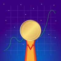 cryptocurrency to the moon with rising green graph and sky background vector