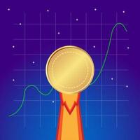 cryptocurrency to the moon with rising green graph and sky background vector