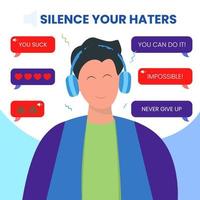 man using headphone smile calmly ignore and mute haters messages vector