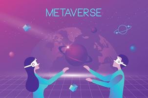 Metaverse and blockchain digital virtual reality and augmented reality technology, couple wearing virtual reality headset glasses connecting to virtual space and universe vector illustration