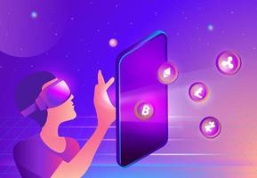 Man wearing virtual reality goggle glass, having 3d experience in cryptocurrency and financial virtual reality vector illustration. Metaverse and blockchain 3D experience technology concept