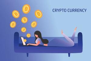 Cryptocurrency and blockchain concept, young woman buy and sell bitcoins on smartphone, financial and investment in digital asset, vector illustration