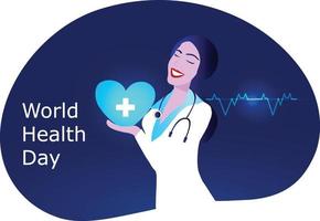 concepto del día mundial de la salud, amable doctora sosteniendo un gran corazón rojo para la salud y la atención médica antecedentes ilustración vectorial vector